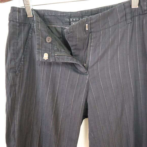 Theory Size 6 Linen Blend Striped Wide Leg Sugar C Trouser Pants Black - Picture 3 of 9